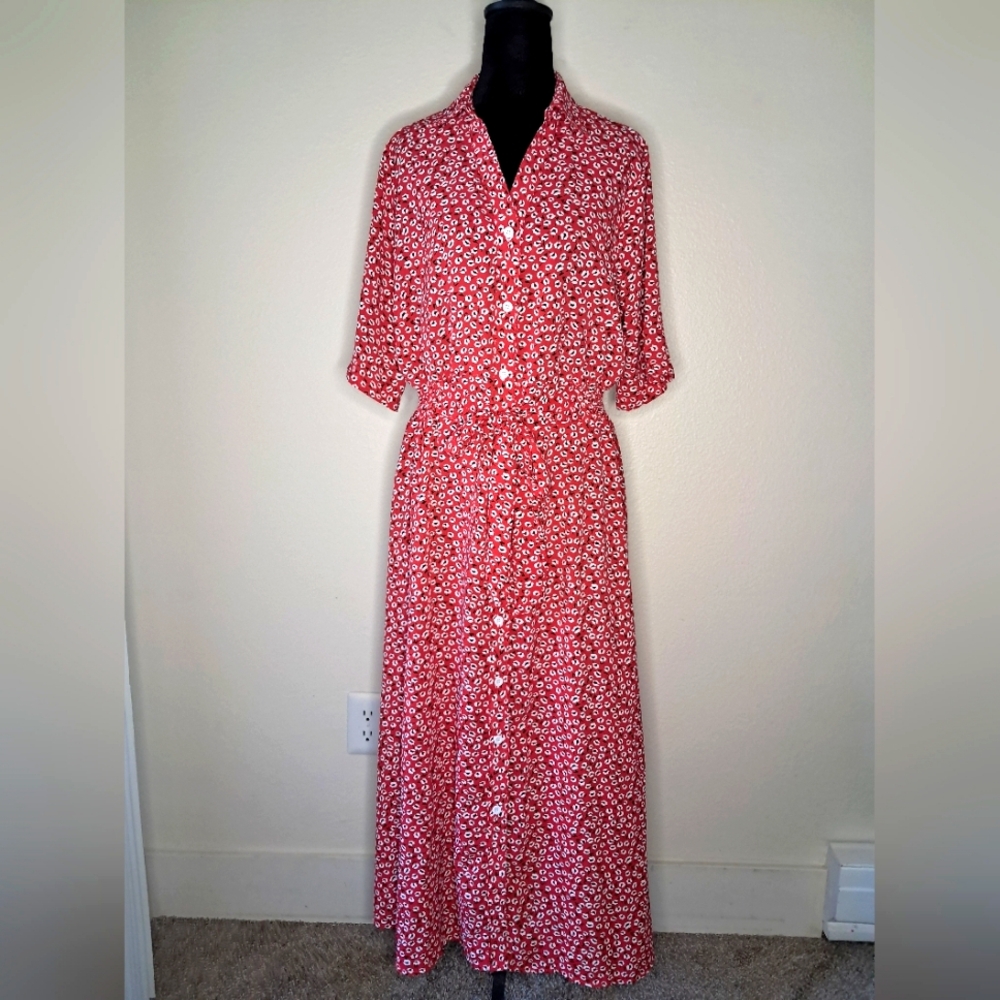 Red and White Midi Dress with Dolman Sleeves and Mandarin Collar